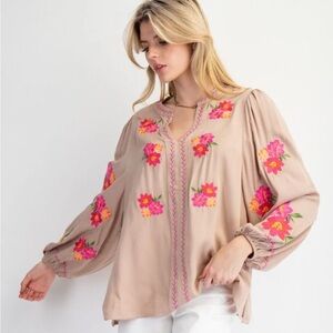 Easel Pink Floral Embroidered Blouse